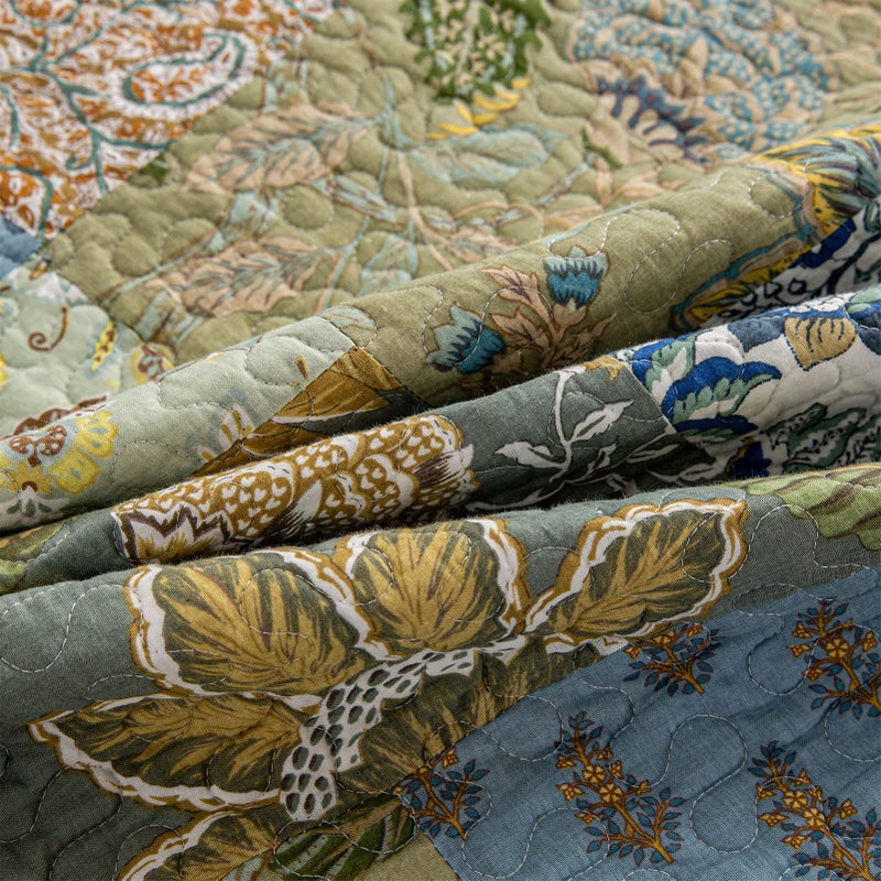 YAYIDAY Quilt King Size Patchwork Bedspread - 100% Cotton Reversible Breathable Green Leaves Quilted Quilt with Pillow Shams for All Seasons - Image 5